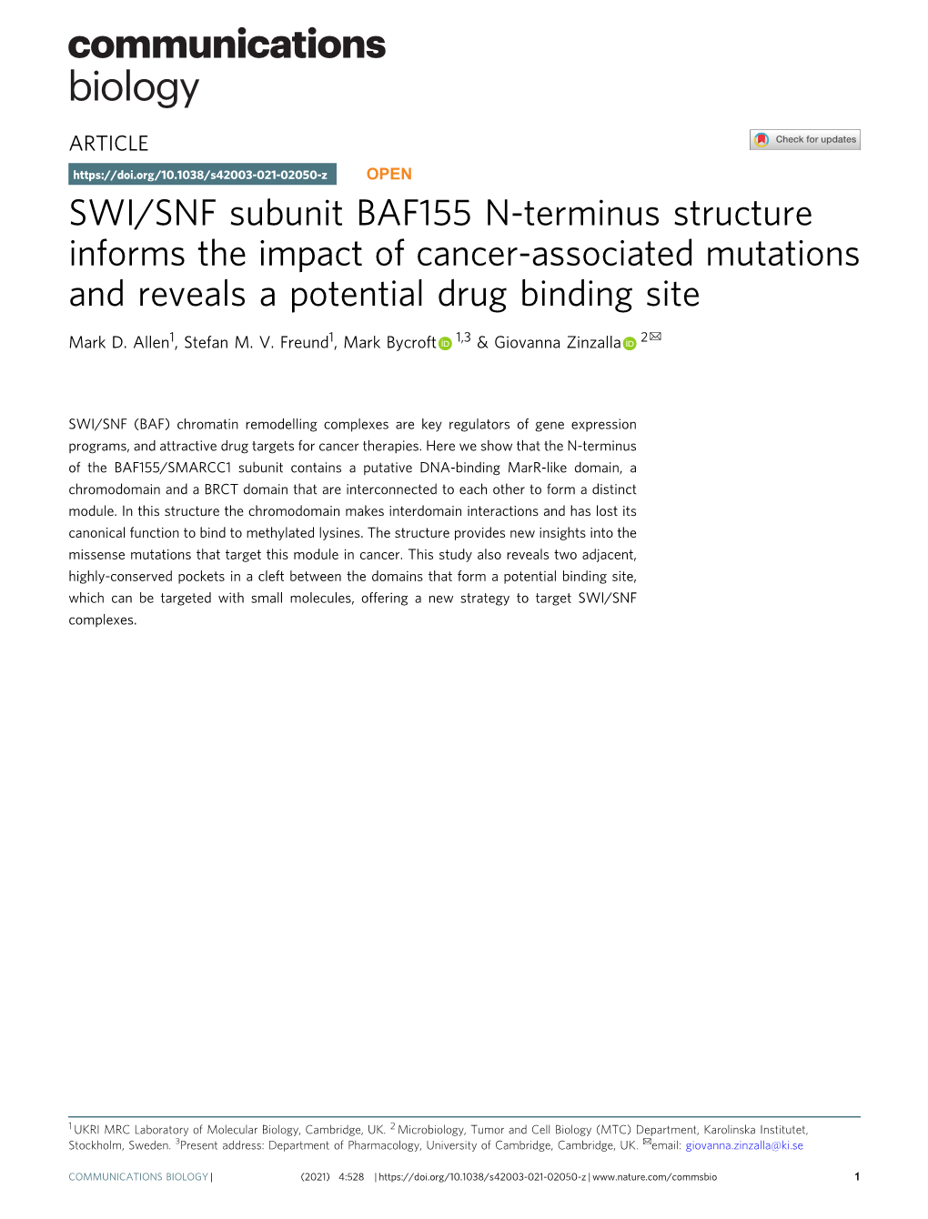 SWI/SNF Subunit BAF155 N-Terminus Structure Informs the Impact of Cancer-Associated Mutations and Reveals a Potential Drug Binding Site ✉ Mark D