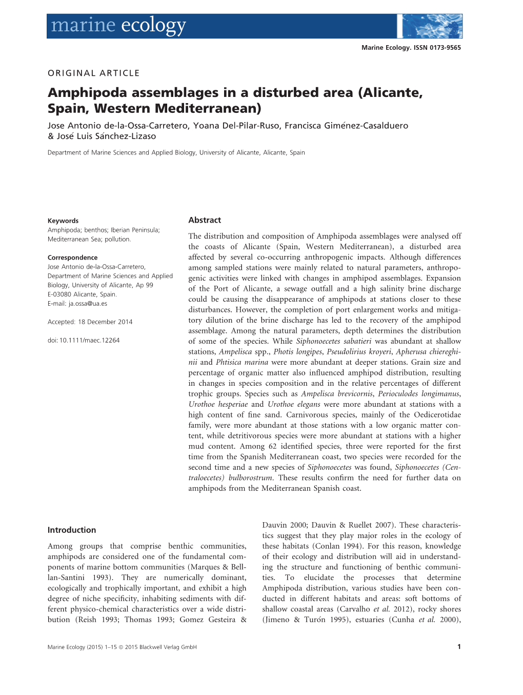 Amphipoda Assemblages in a Disturbed Area (Alicante, Spain