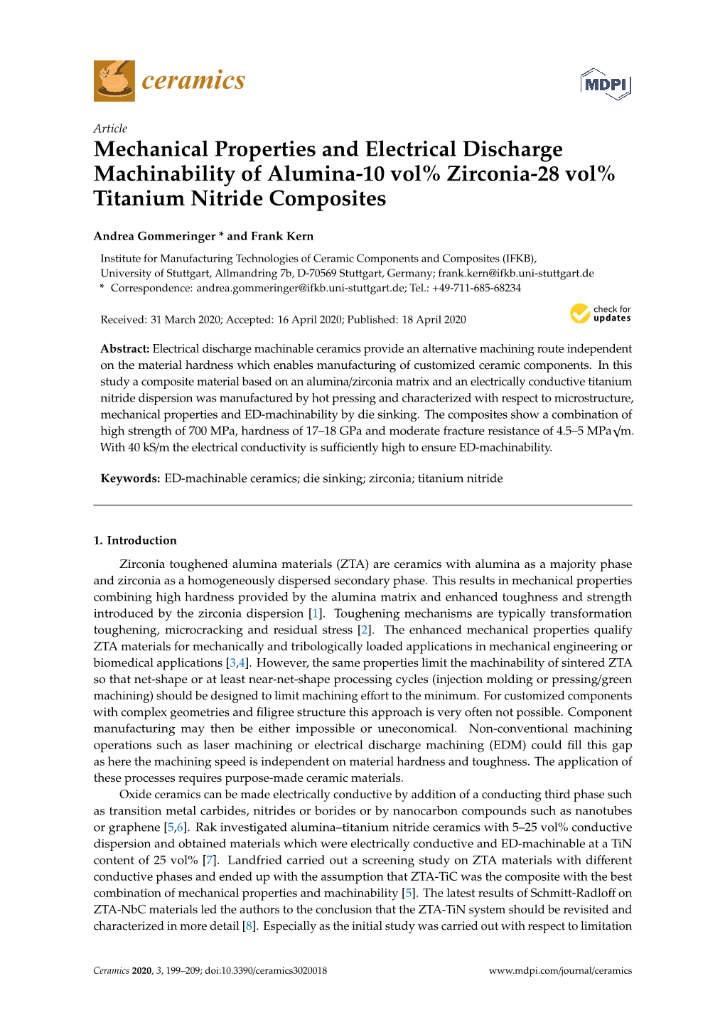 Mechanical Properties and Electrical Discharge Machinability of Alumina-10 Vol% Zirconia-28 Vol% Titanium Nitride Composites