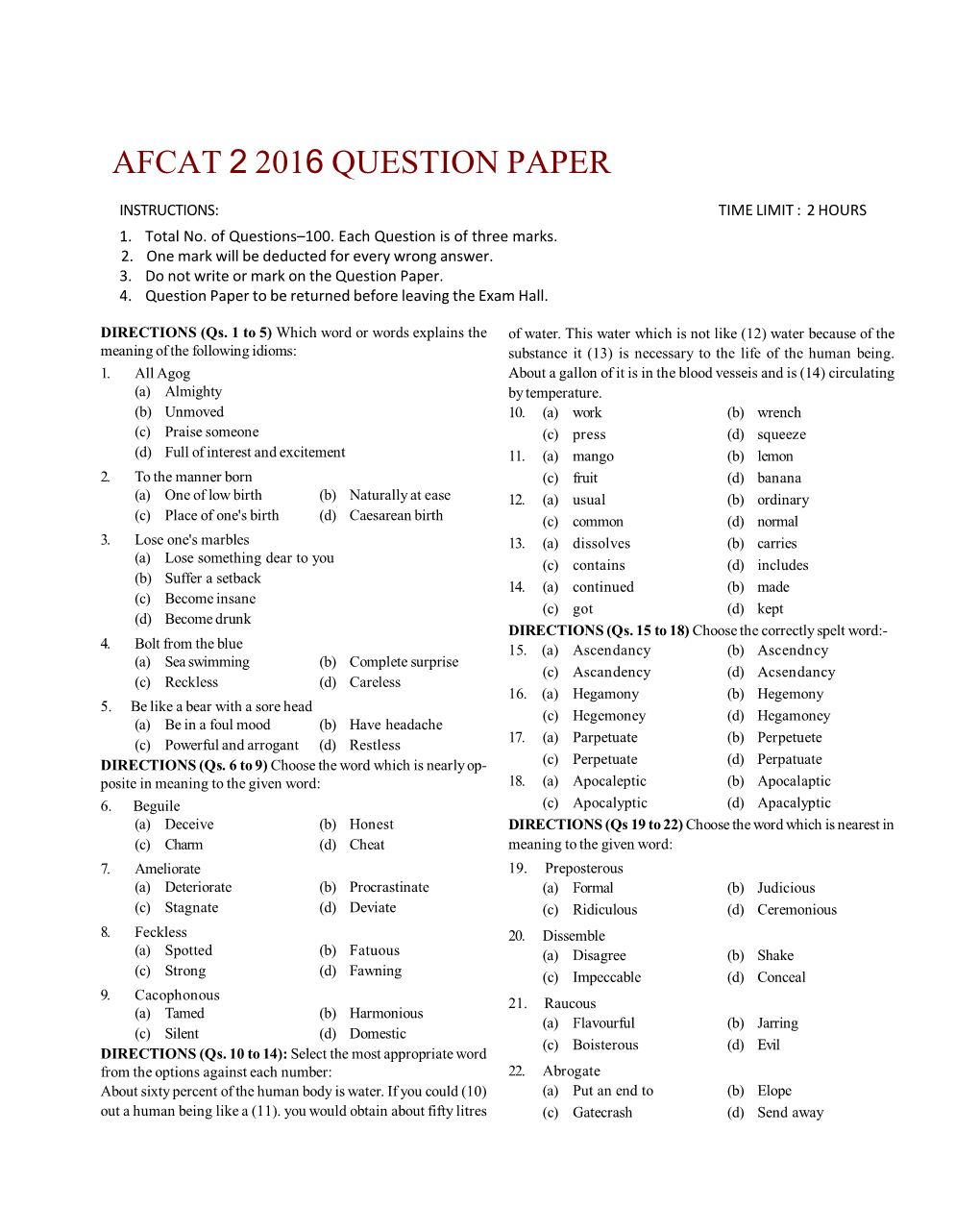 Afcat 2 2016 Question Paper