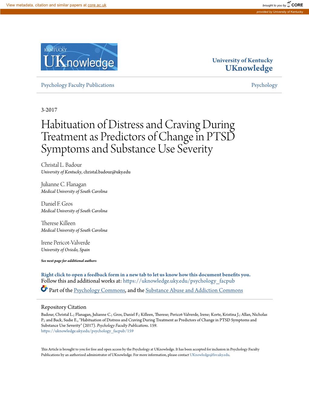 Habituation of Distress and Craving During Treatment As Predictors of Change in PTSD Symptoms and Substance Use Severity Christal L