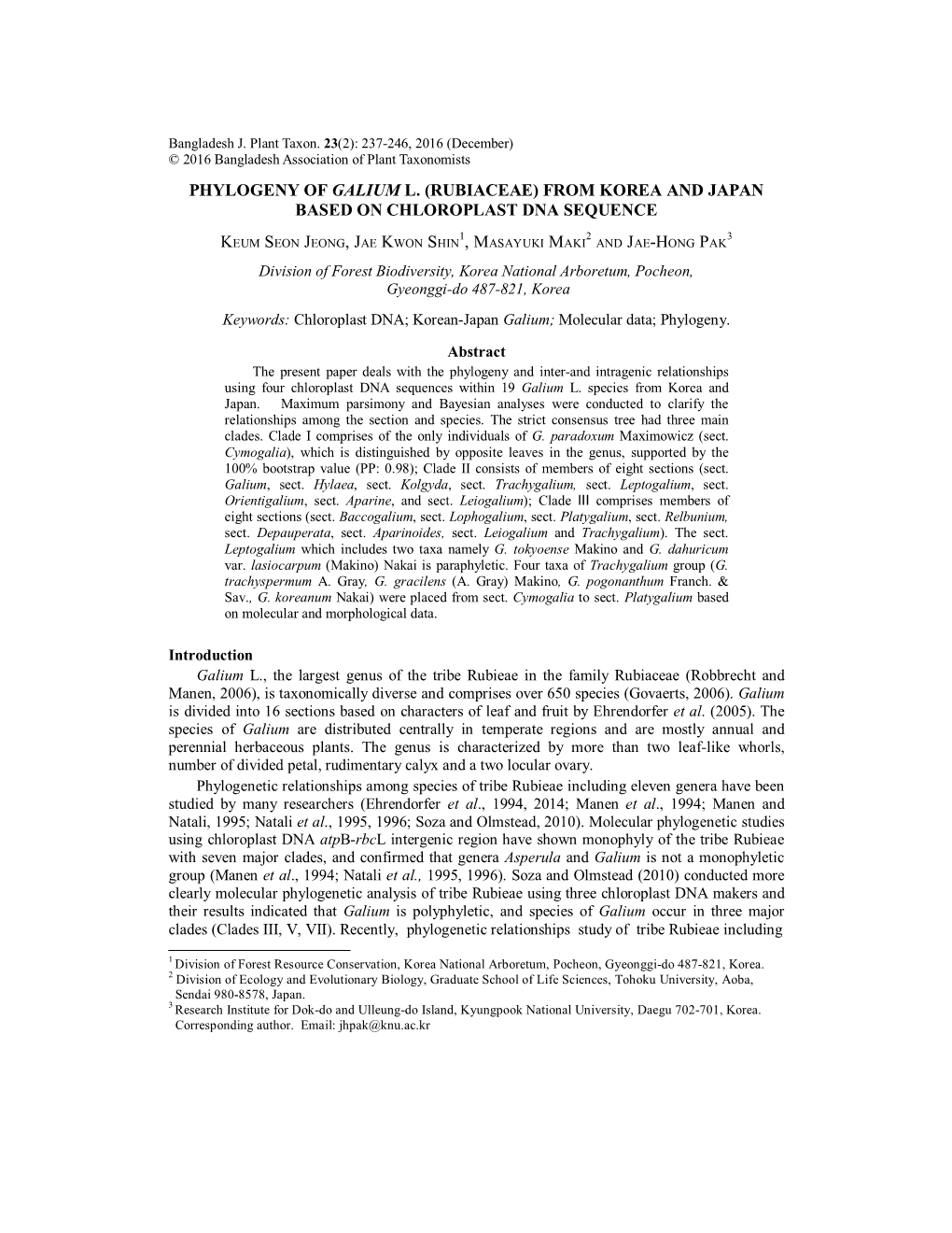 Phylogeny of Galium L. (Rubiaceae) from Korea and Japan Based on Chloroplast Dna Sequence