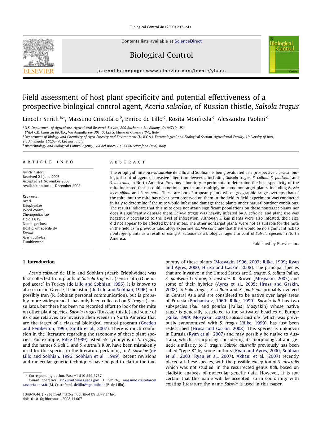 Field Assessment of Host Plant Specificity And