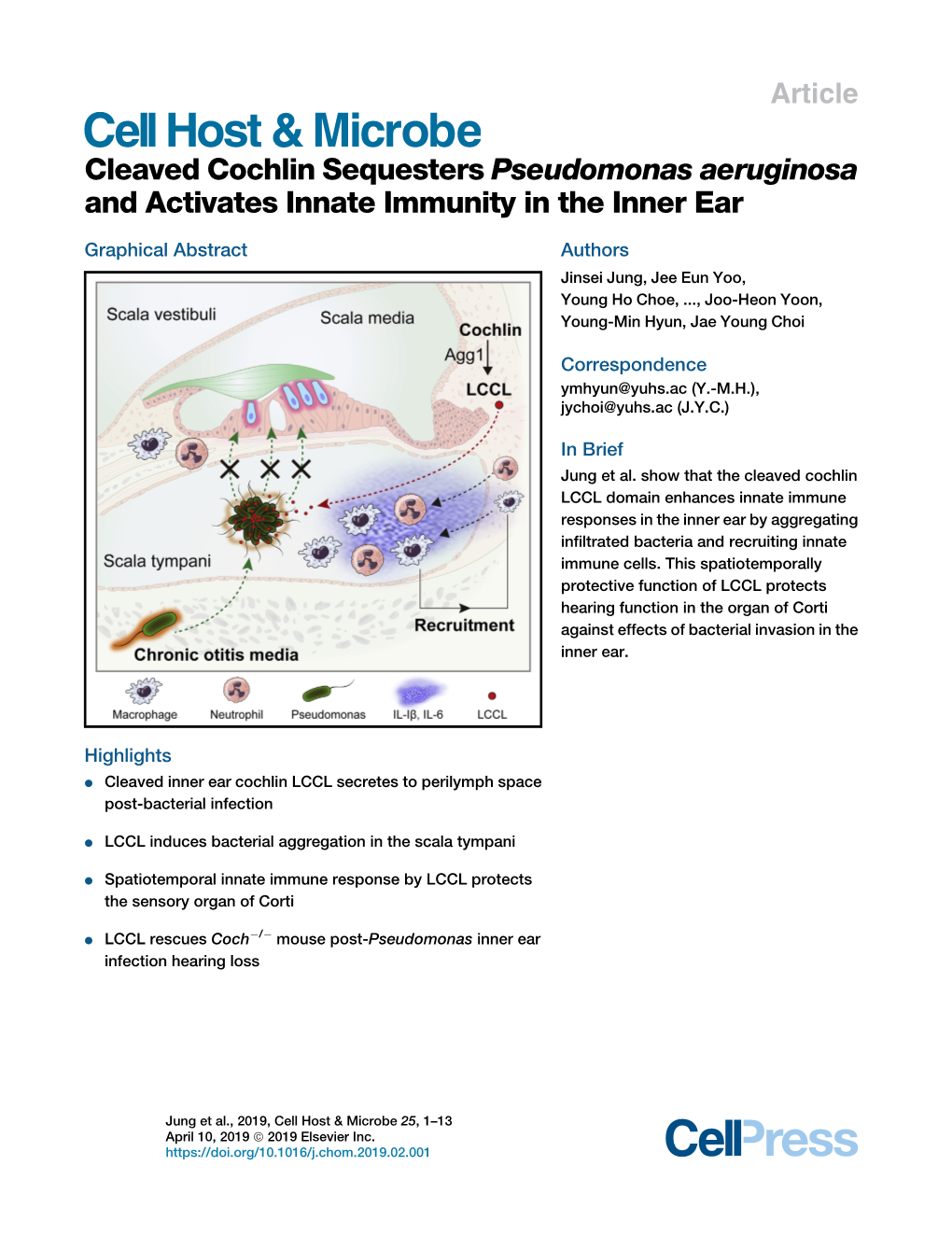 Cleaved Cochlin Sequesters Pseudomonas Aeruginosa and Activates Innate Immunity in the Inner Ear