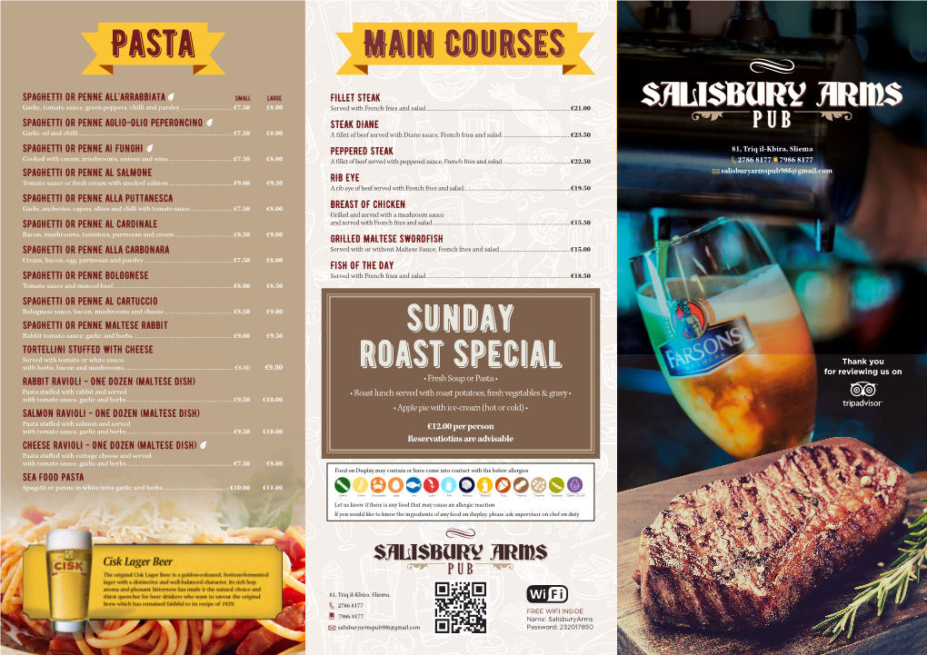 Pasta Main Courses Sunday Roast Special
