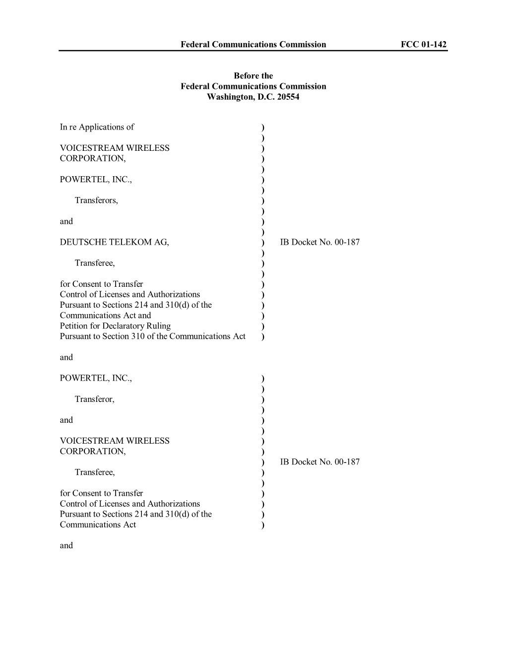 Federal Communications Commission FCC 01-142 Before the Federal