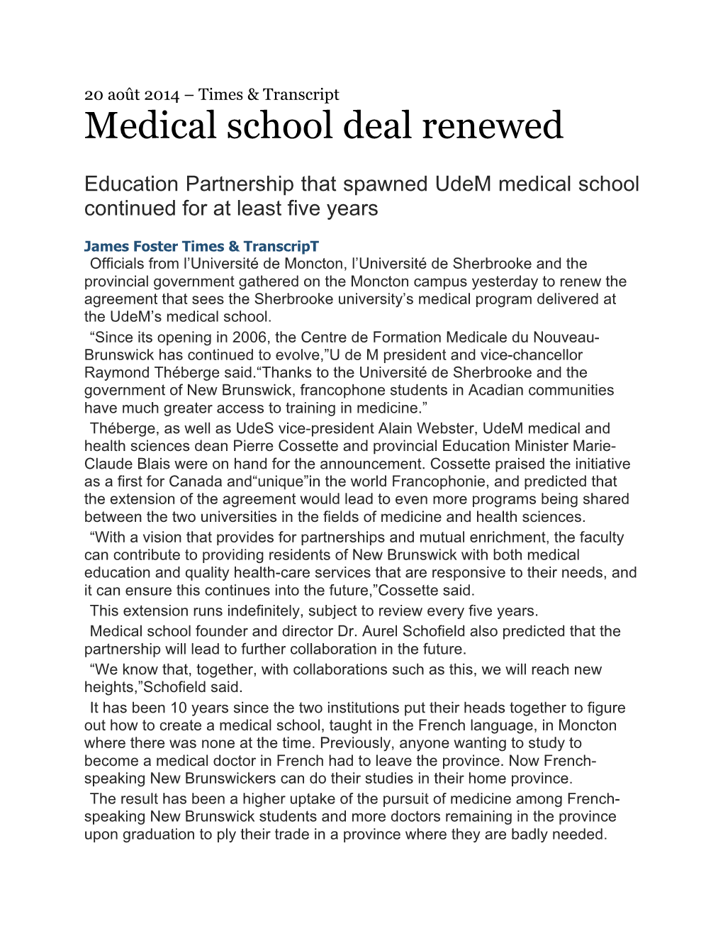 Medical School Deal Renewed