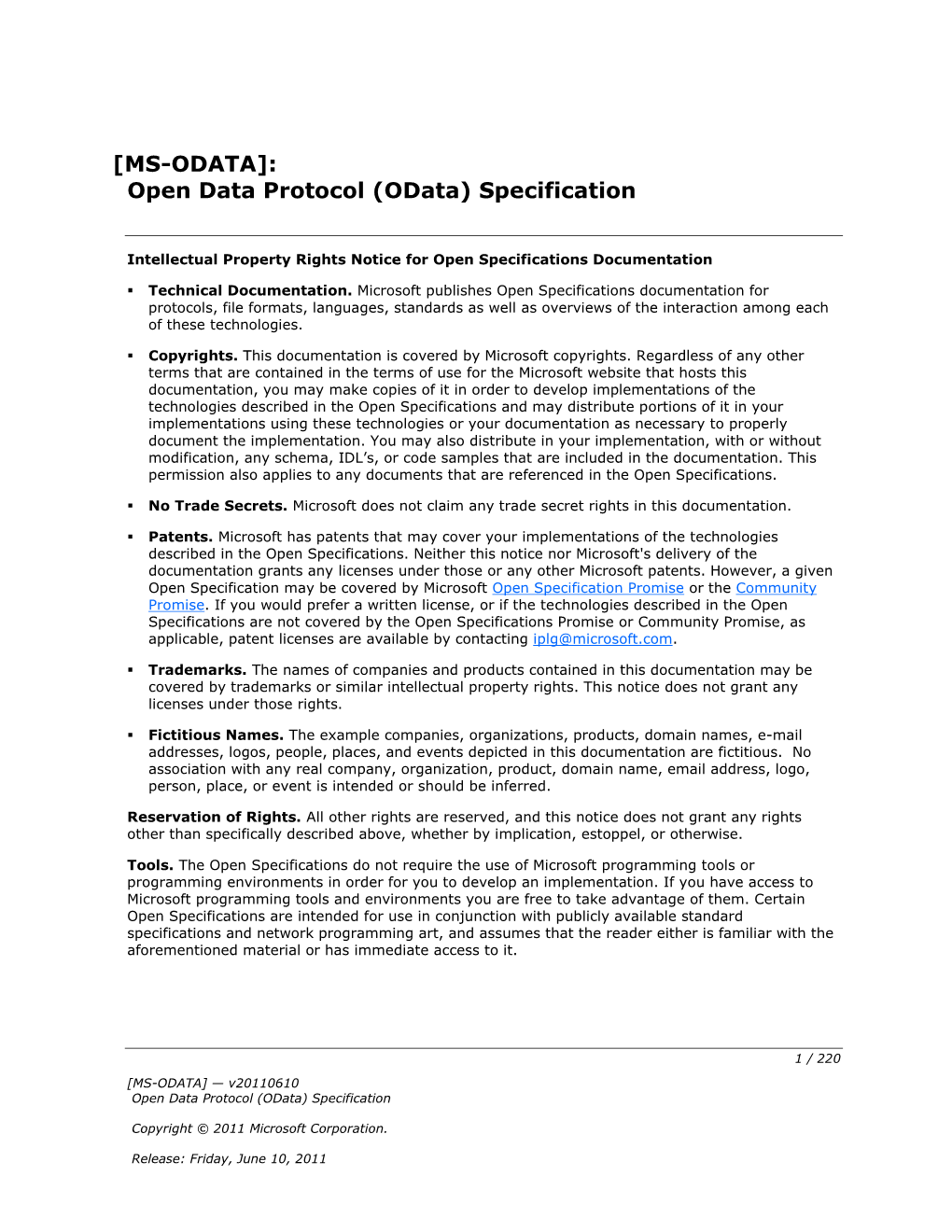 ODATA]: Open Data Protocol (Odata) Specification