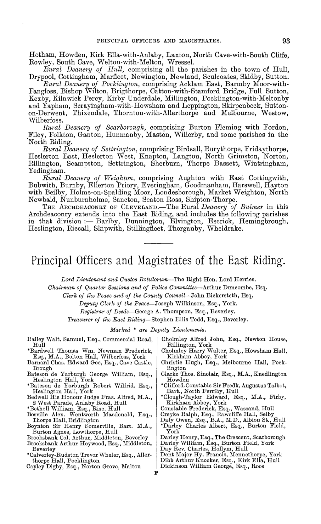 Principal Officers and ~1Agistrates of the East Riding