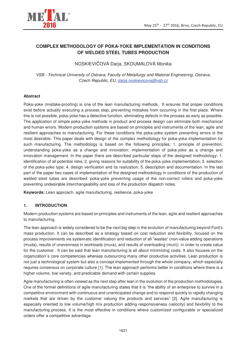 Complex Methodology of Poka-Yoke Implementation in Conditions of Welded Steel Tubes Production