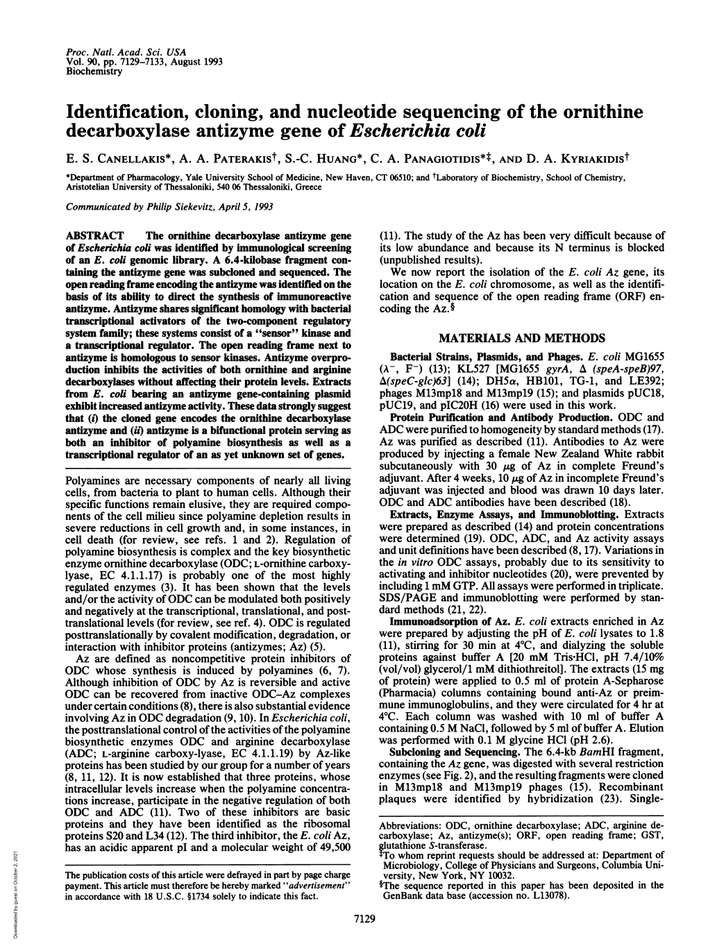 Identification, Cloning, and Nucleotide Sequencing of the Ornithine Decarboxylase Antizyme Gene of Escherichia Coli E