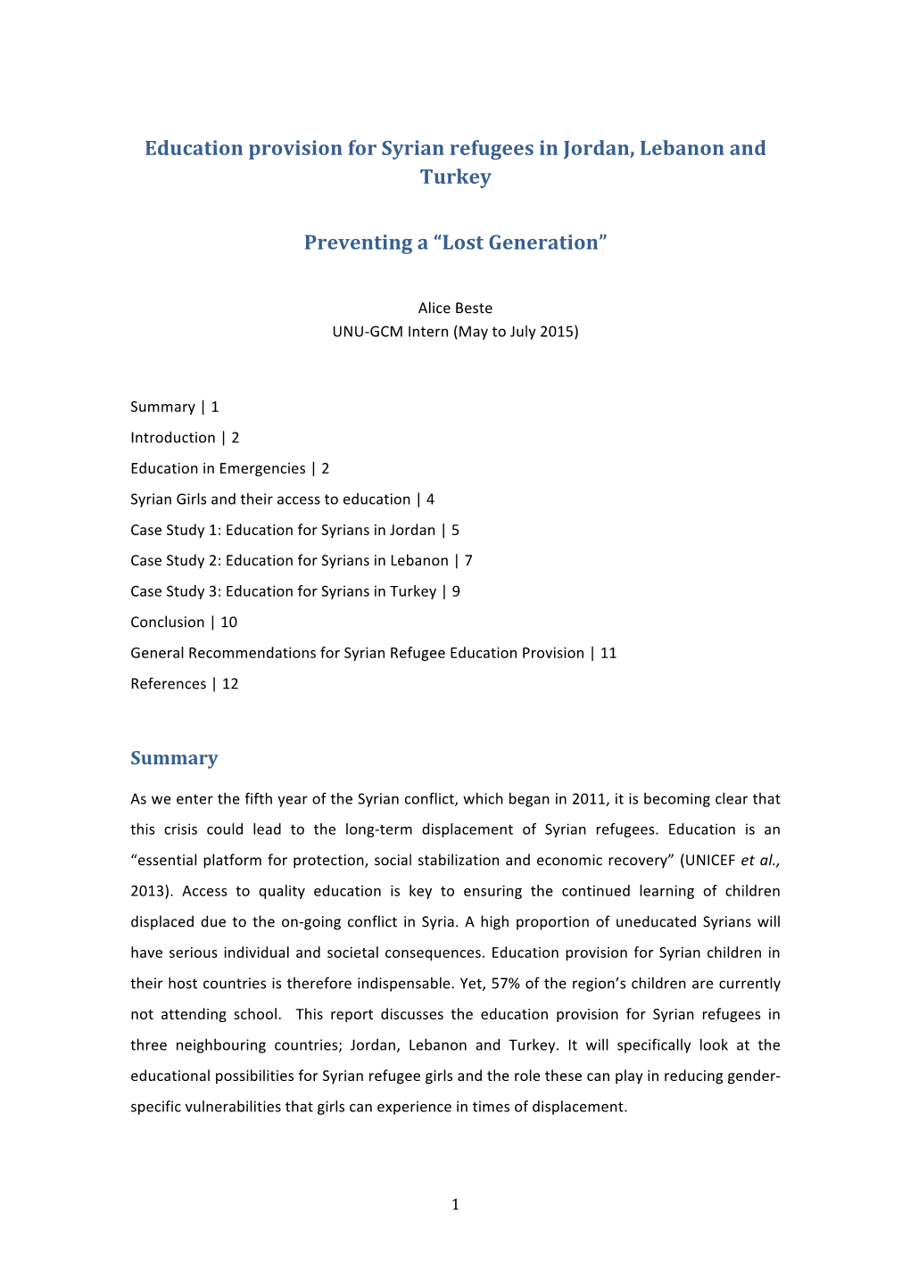 Education Provision for Syrian Refugees in Jordan, Lebanon and Turkey