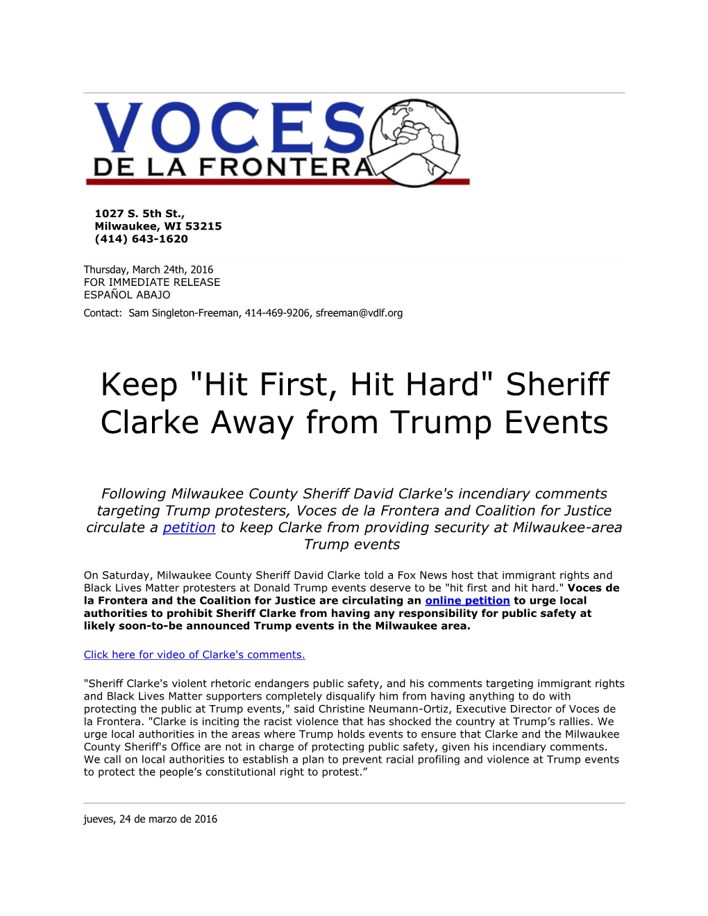 Sheriff Clarke Away from Trump Events