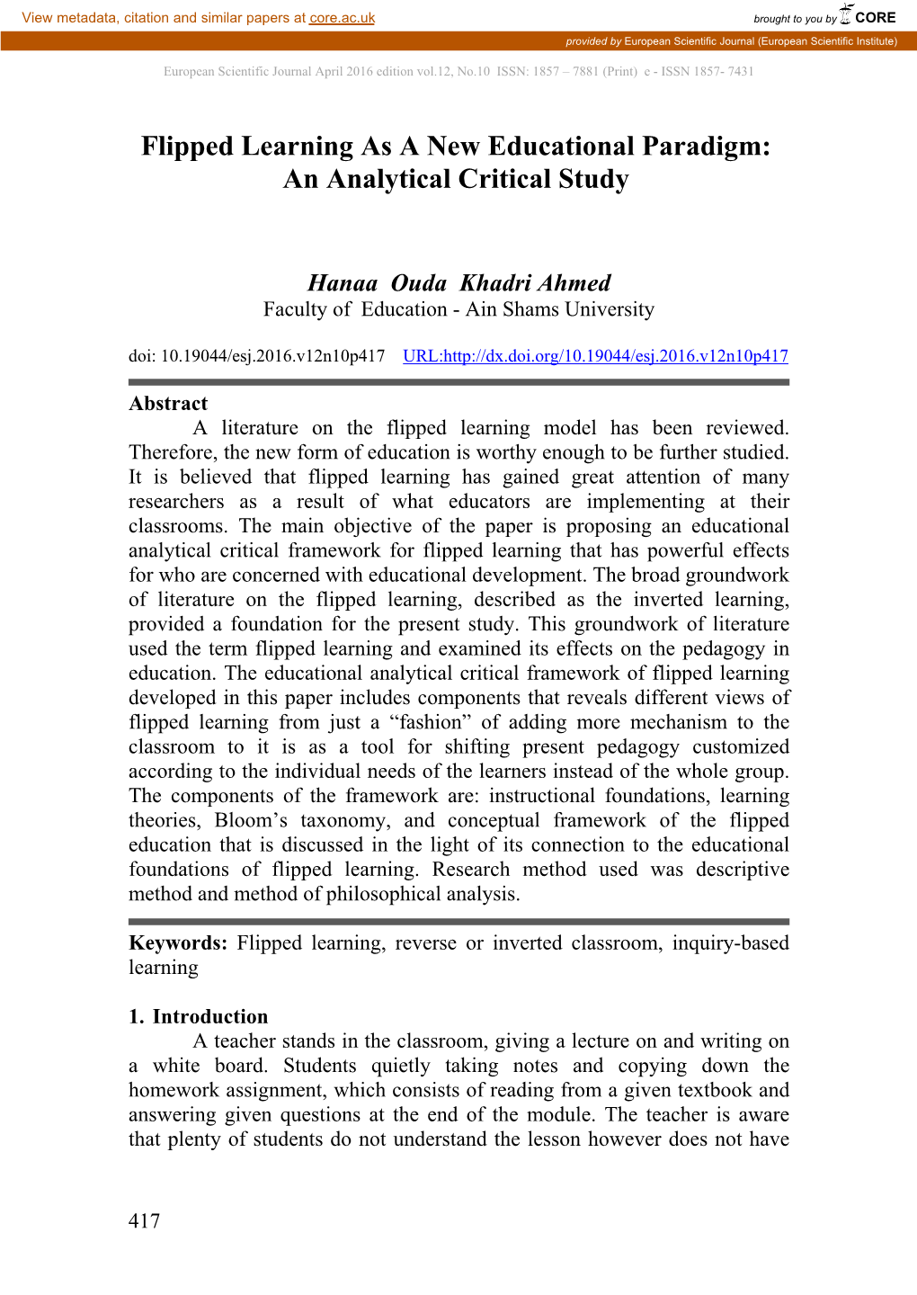 Flipped Learning As a New Educational Paradigm: an Analytical Critical Study