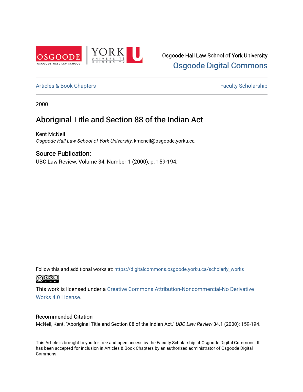 Aboriginal Title and Section 88 of the Indian Act