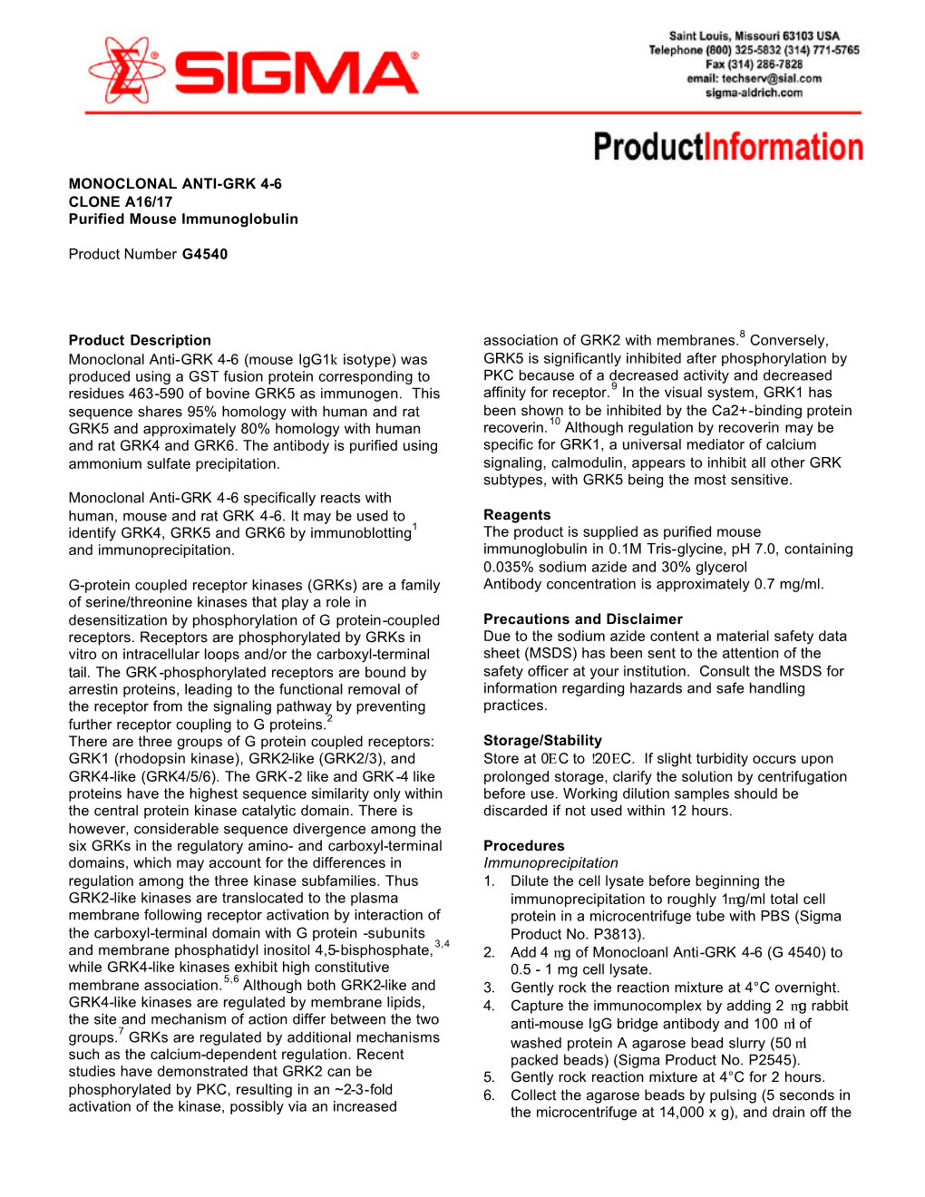 MONOCLONAL ANTI-GRK 4-6 CLONE A16/17 Purified Mouse Immunoglobulin