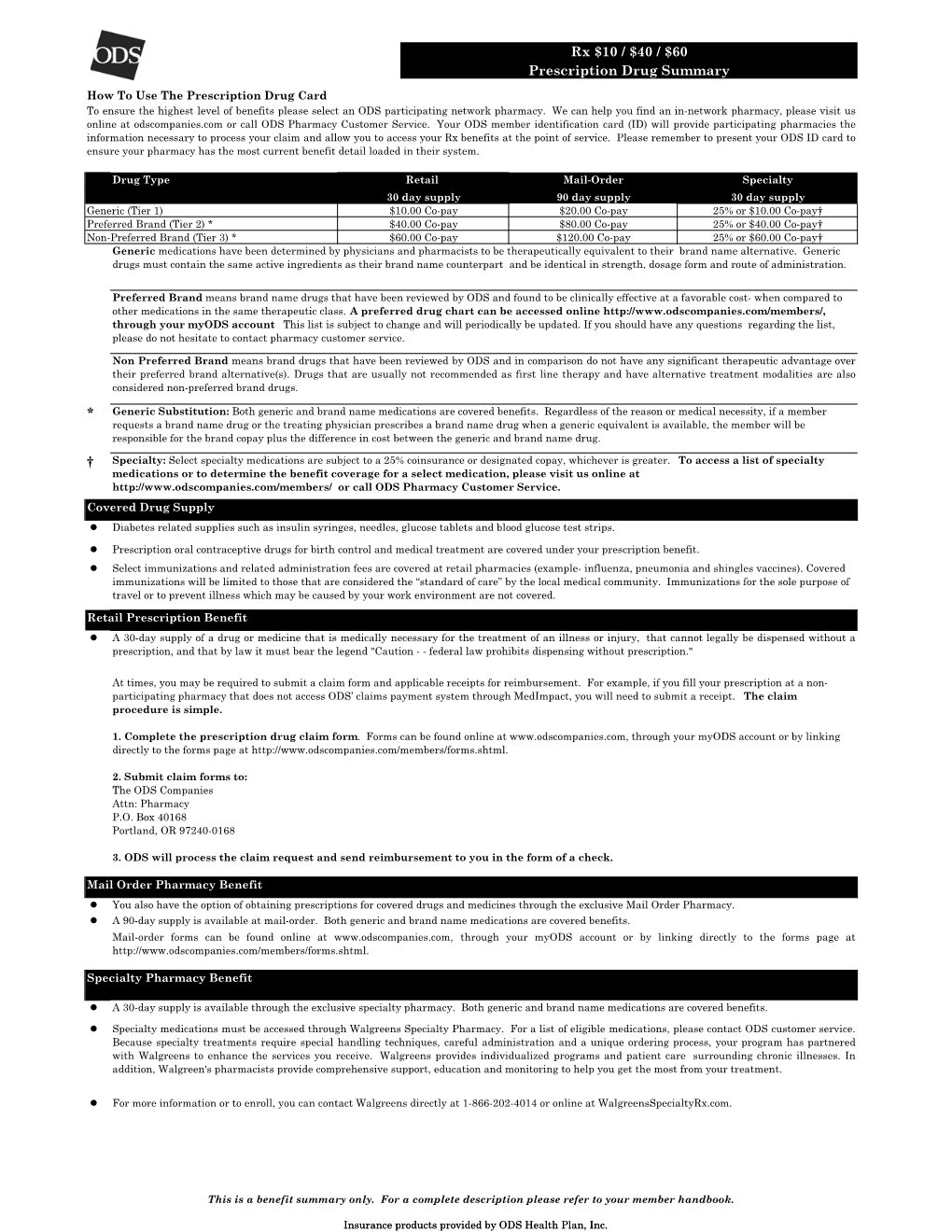 Rx $10 / $40 / $60 Prescription Drug Summary