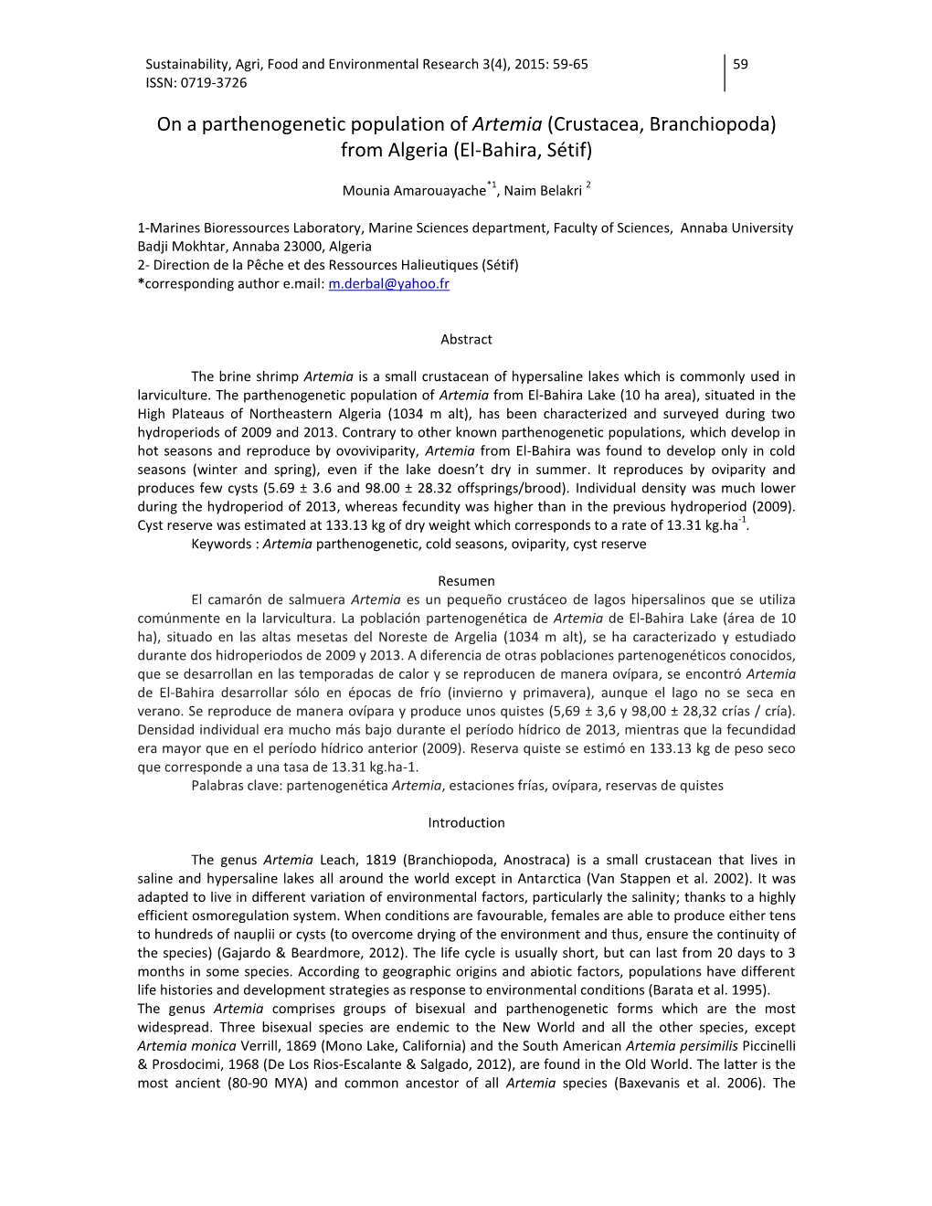 On a Parthenogenetic Population of Artemia (Crustacea, Branchiopoda) from Algeria (El-Bahira, Sétif)