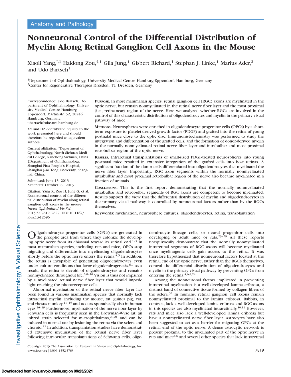 Nonneuronal Control of the Differential Distribution of Myelin Along Retinal Ganglion Cell Axons in the Mouse