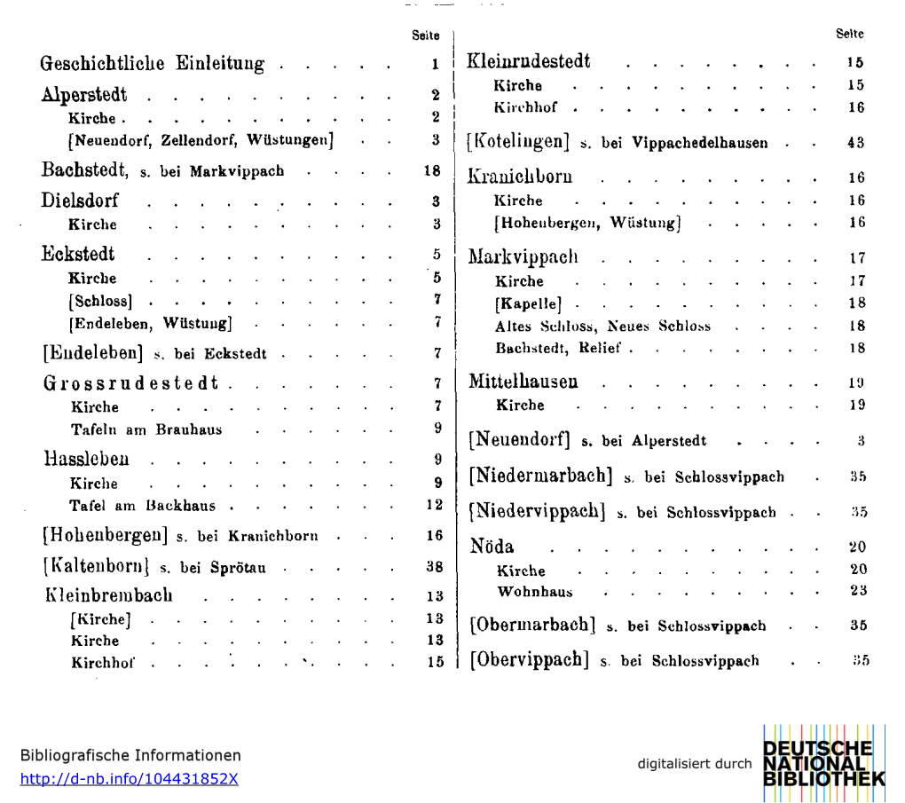 Geschichtliche Einleitung L Alperstedt 2 Dielsdorf 3 Eckstedt 5 Grossrudestedt . Liassleben 9 Kleinbrembach Ia Kleinrudestedt Kr