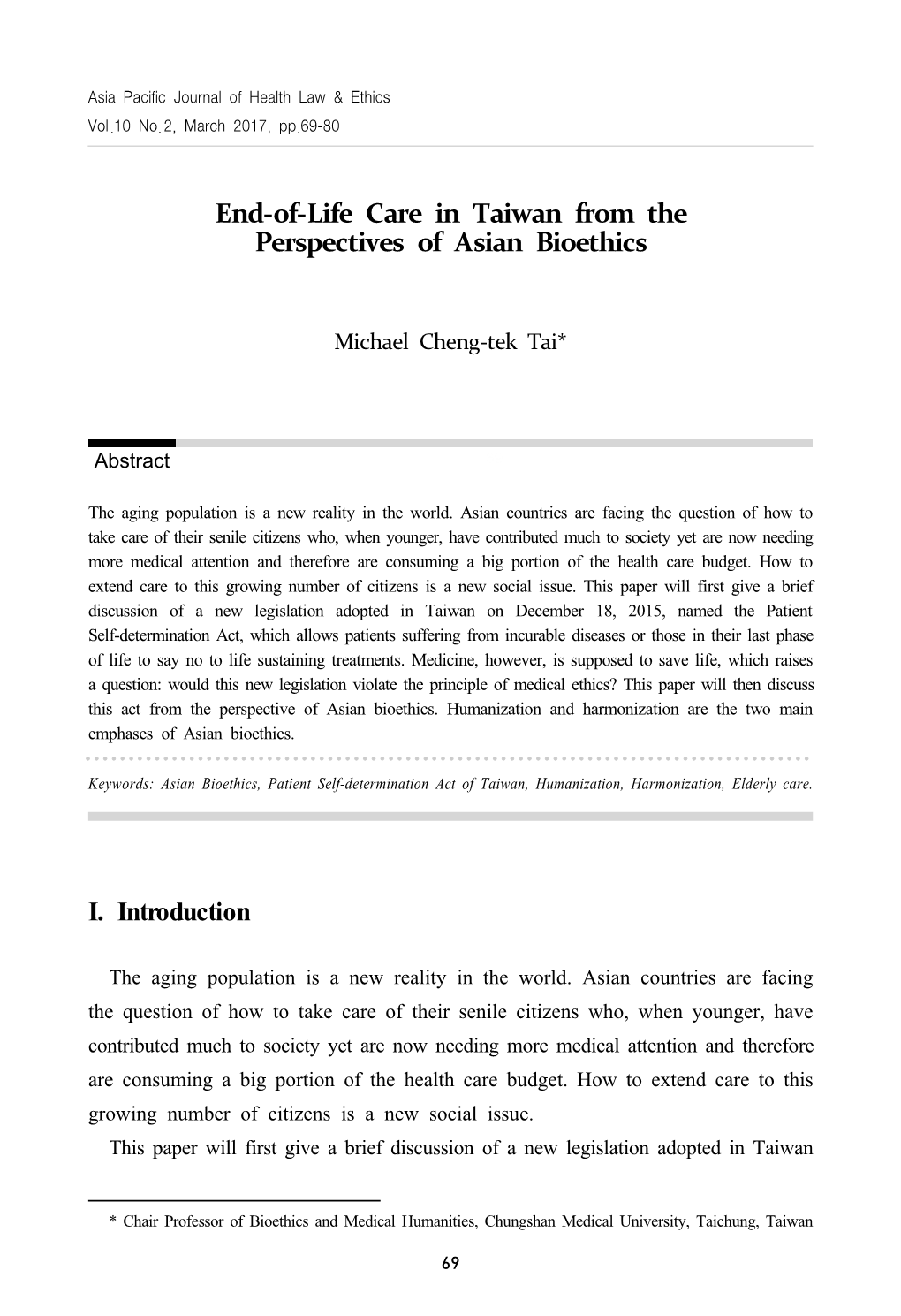 End-Of-Life Care in Taiwan from the Perspectives of Asian Bioethics