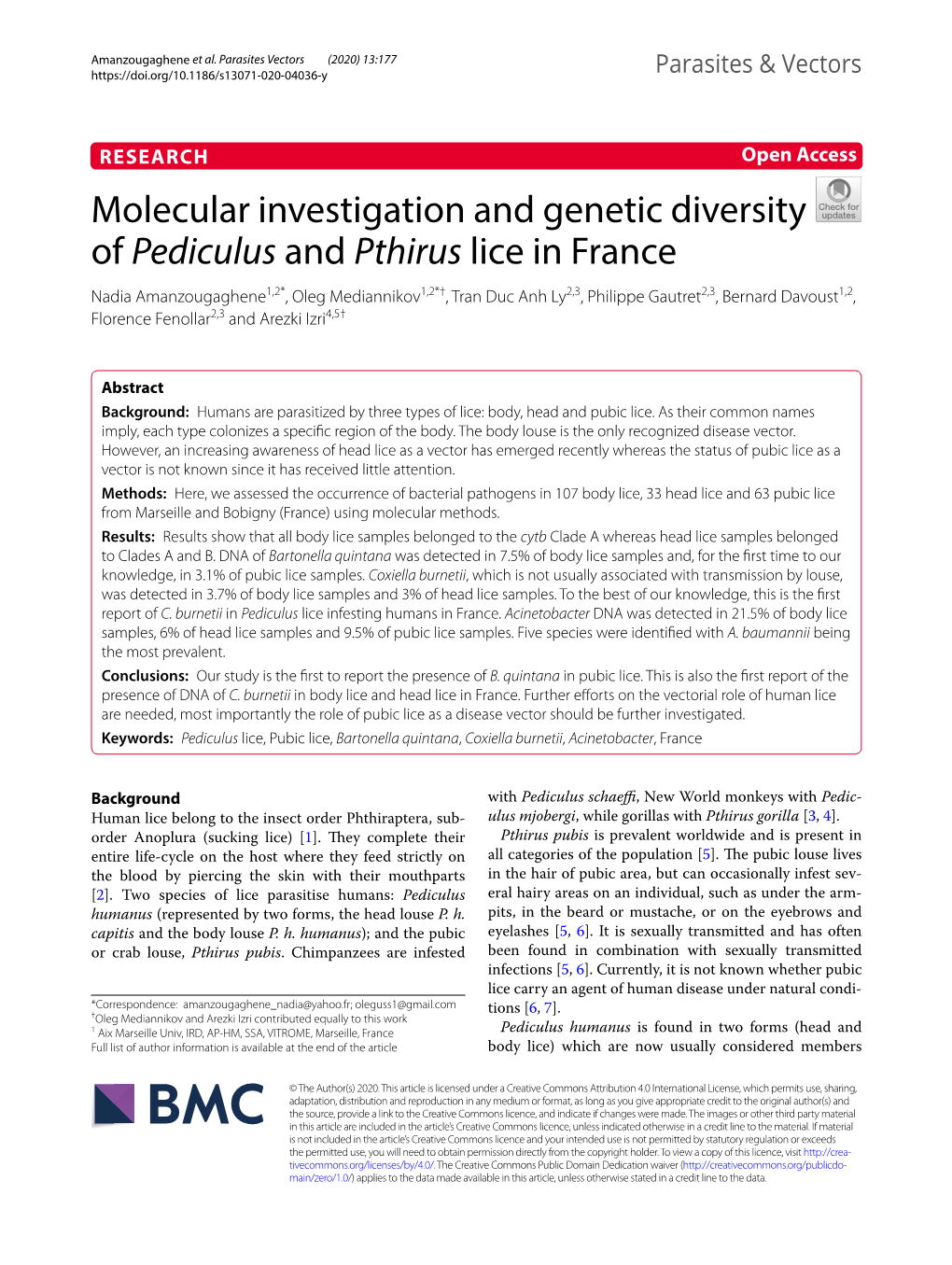 Molecular Investigation and Genetic Diversity of Pediculus and Pthirus