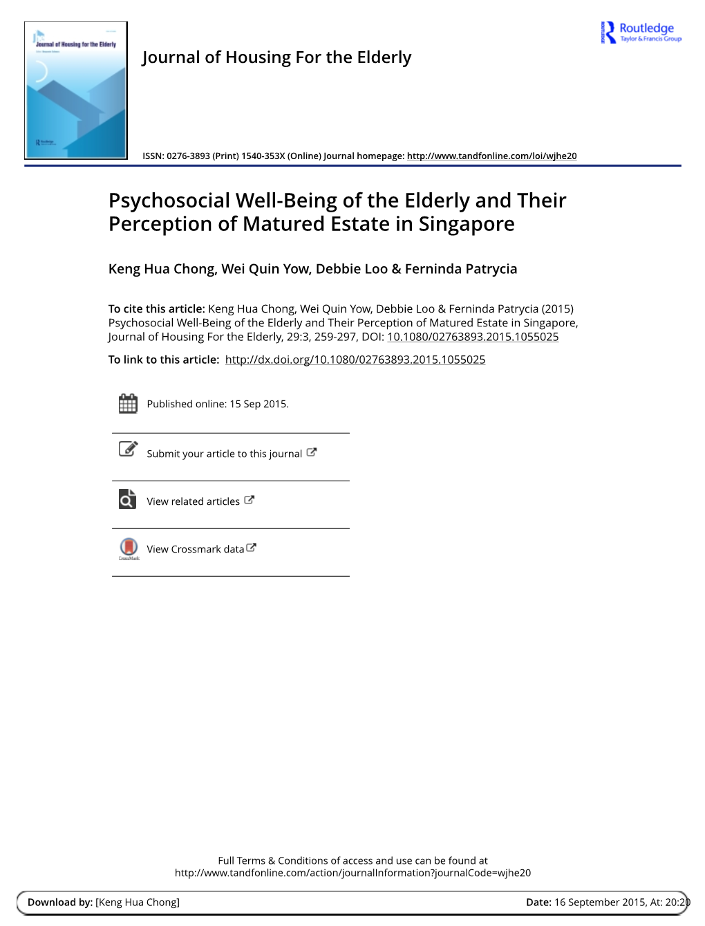 Psychosocial Well-Being of the Elderly and Their Perception of Matured Estate in Singapore