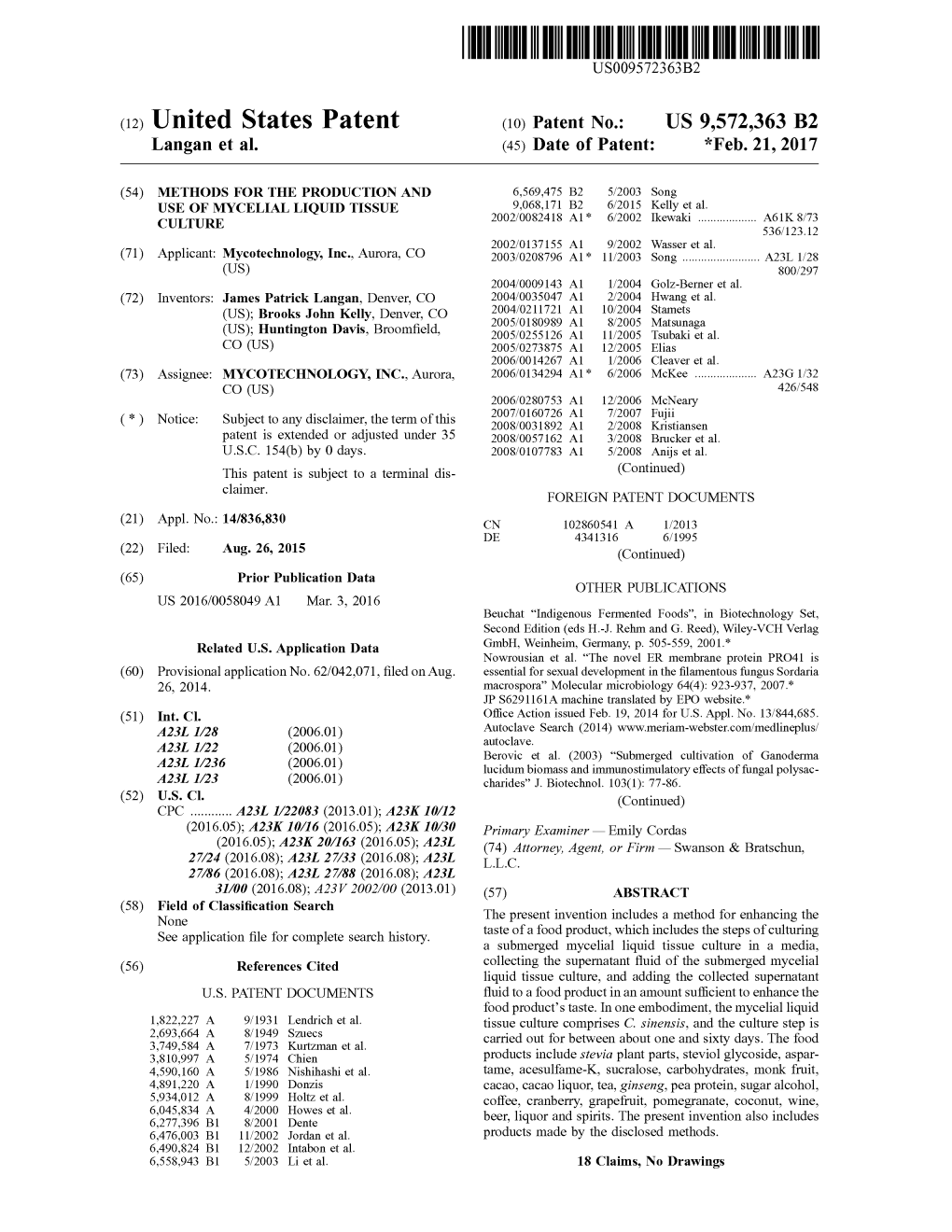 United States Patent (10) Patent No.: US 9,572,363 B2 Langan Et Al