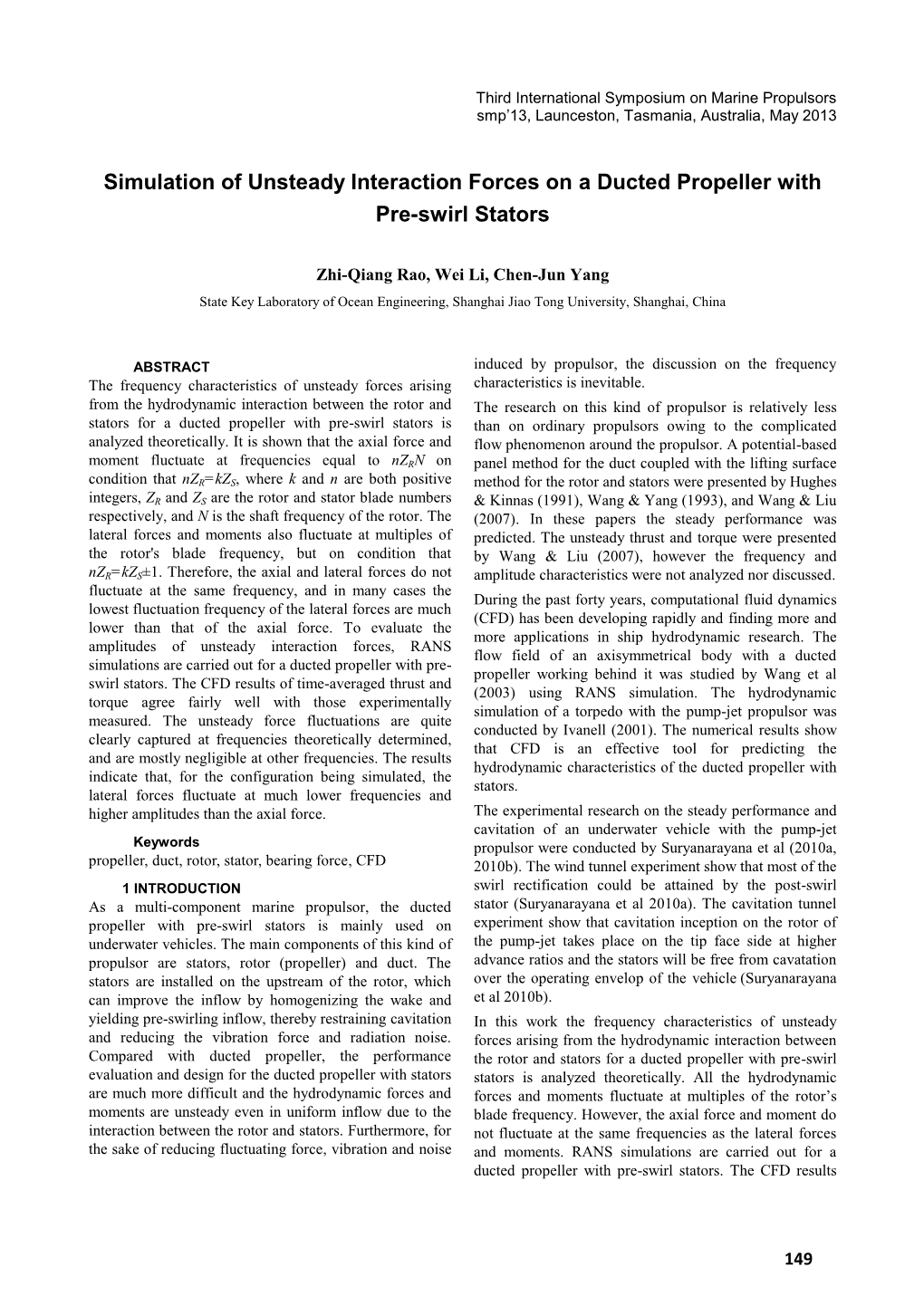 Simulation of Unsteady Interaction Forces on a Ducted Propeller with Pre-Swirl Stators