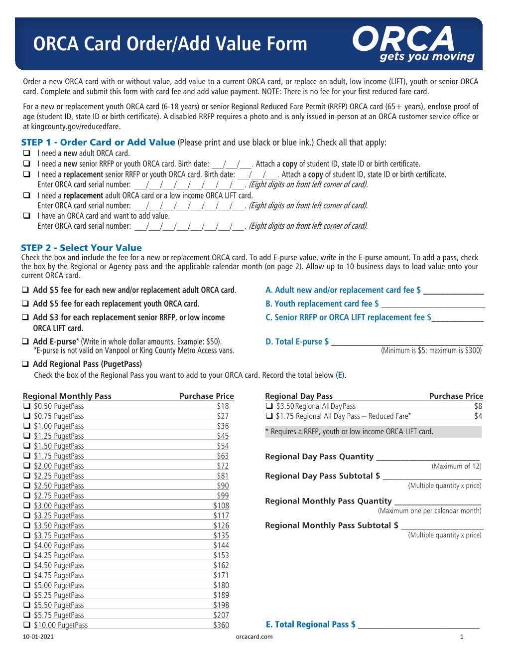 ORCA Card Order/Add Value Form