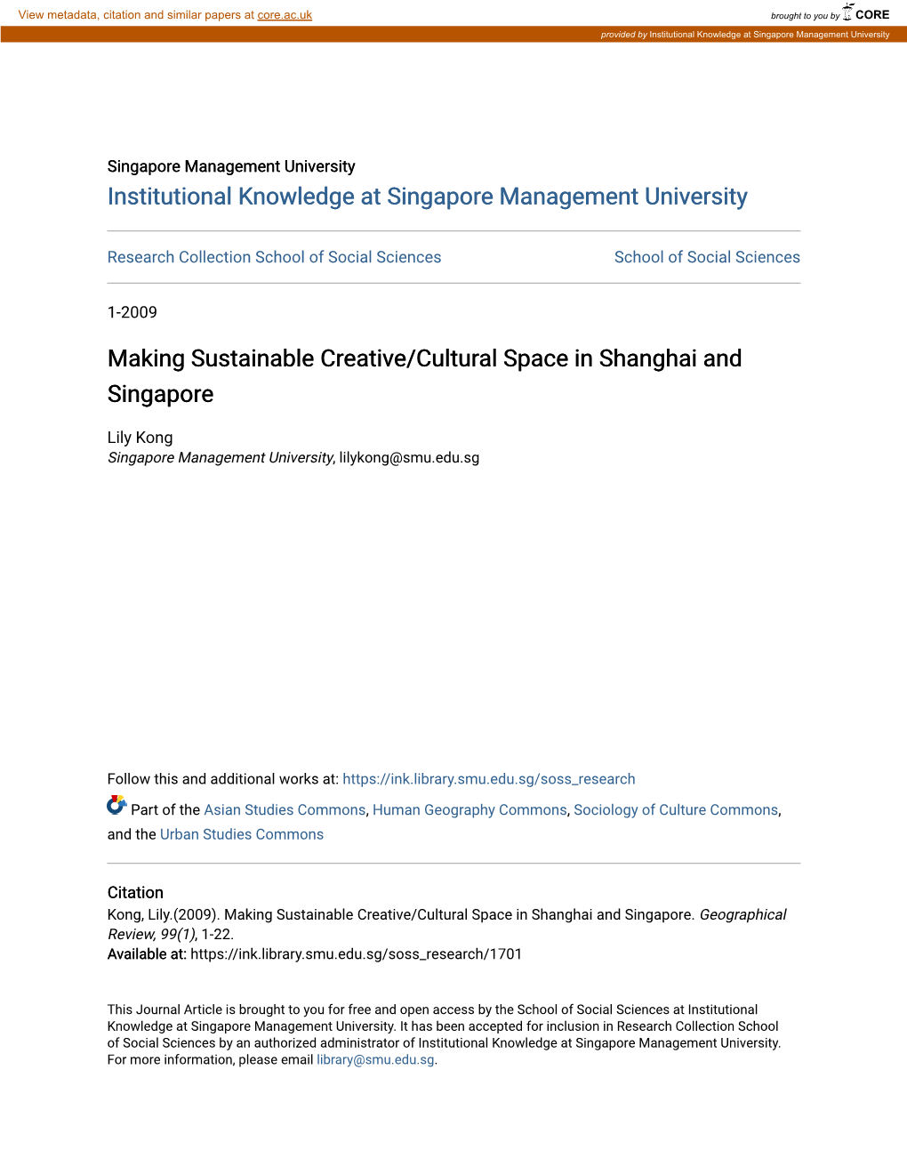 Making Sustainable Creative/Cultural Space in Shanghai and Singapore