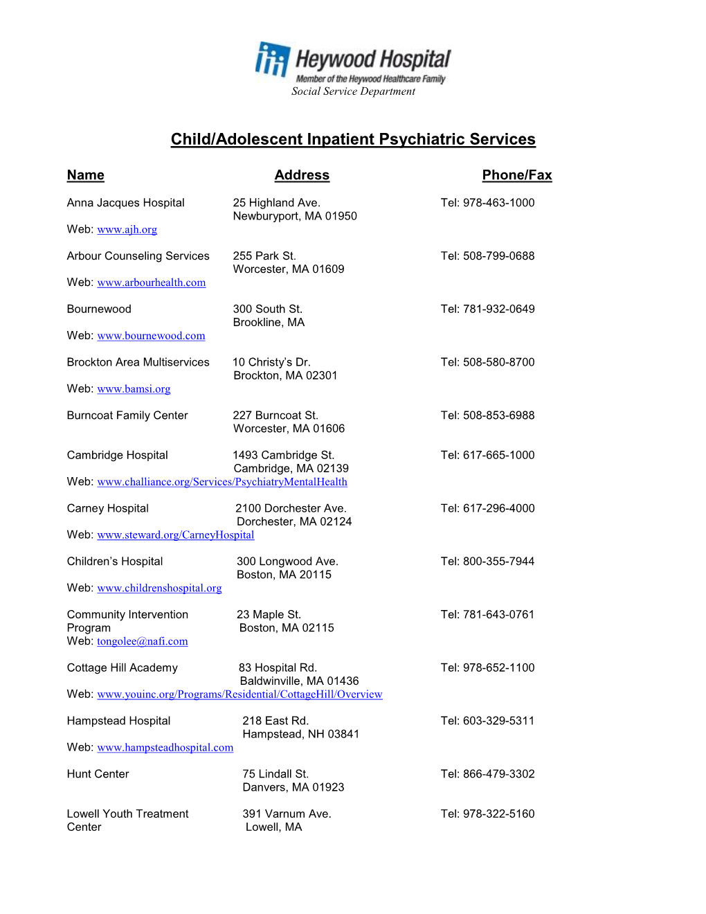 Child/Adolescent Inpatient Psychiatric Services