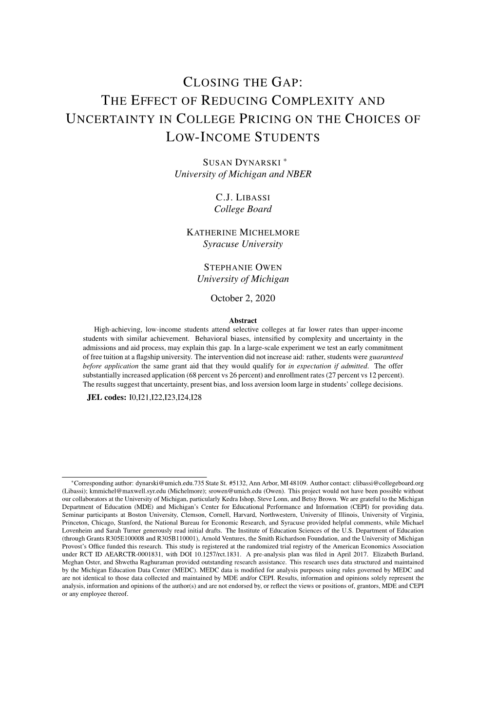 The Effect of Reducing Complexity and Uncertainty in College Pricing on the Choices of Low-Income Students