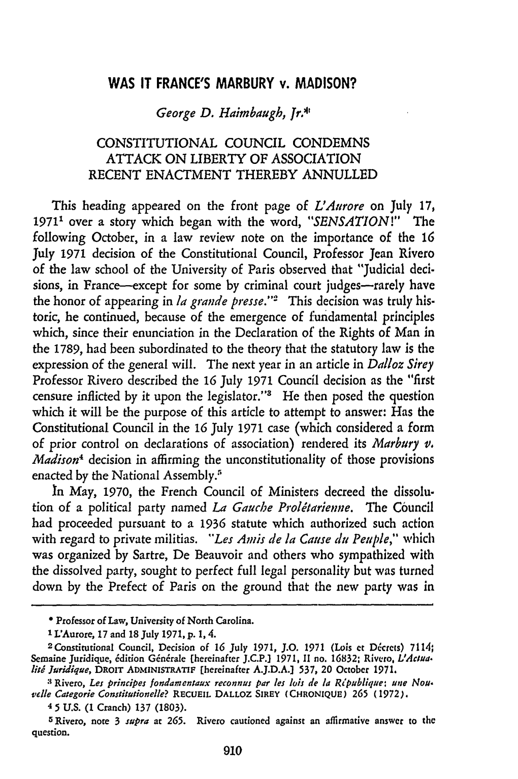 WAS IT FRANCE's MARBURY V. MADISON? George D