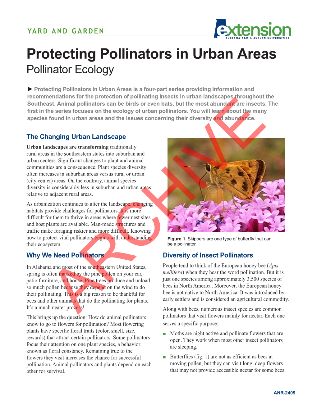 Protecting Pollinators in Urban Areas Pollinator Ecology
