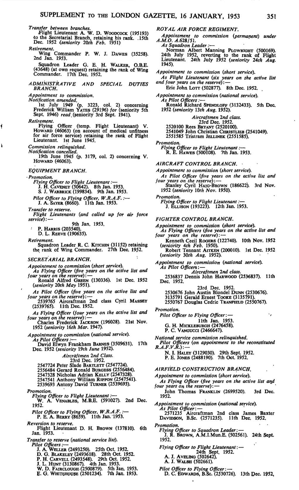 Supplement to the London Gazette, 16 January, 1953 351