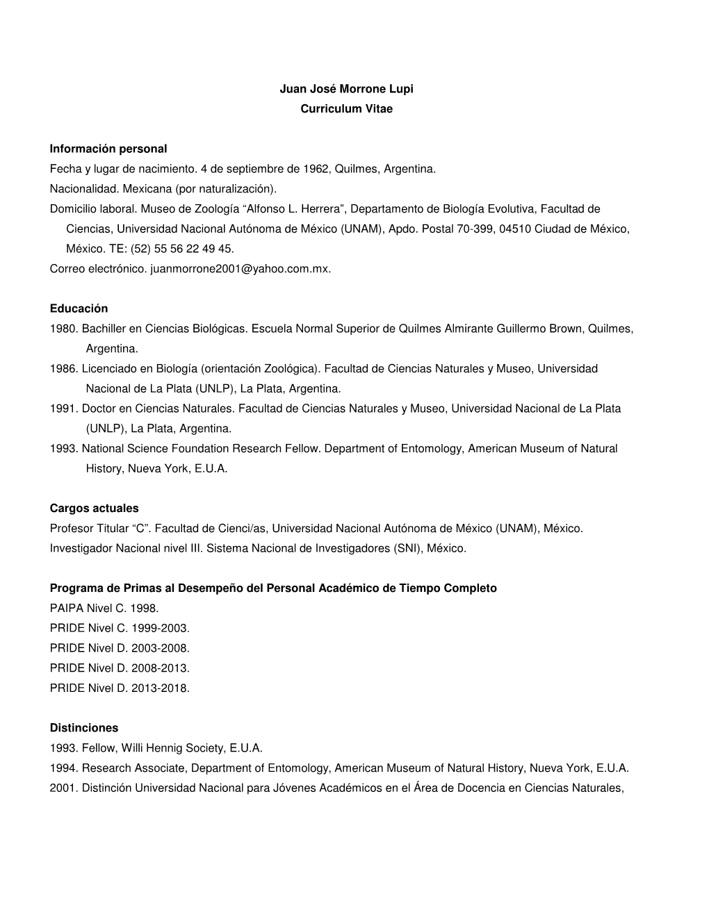 Juan José Morrone Lupi Curriculum Vitae Información Personal Fecha Y