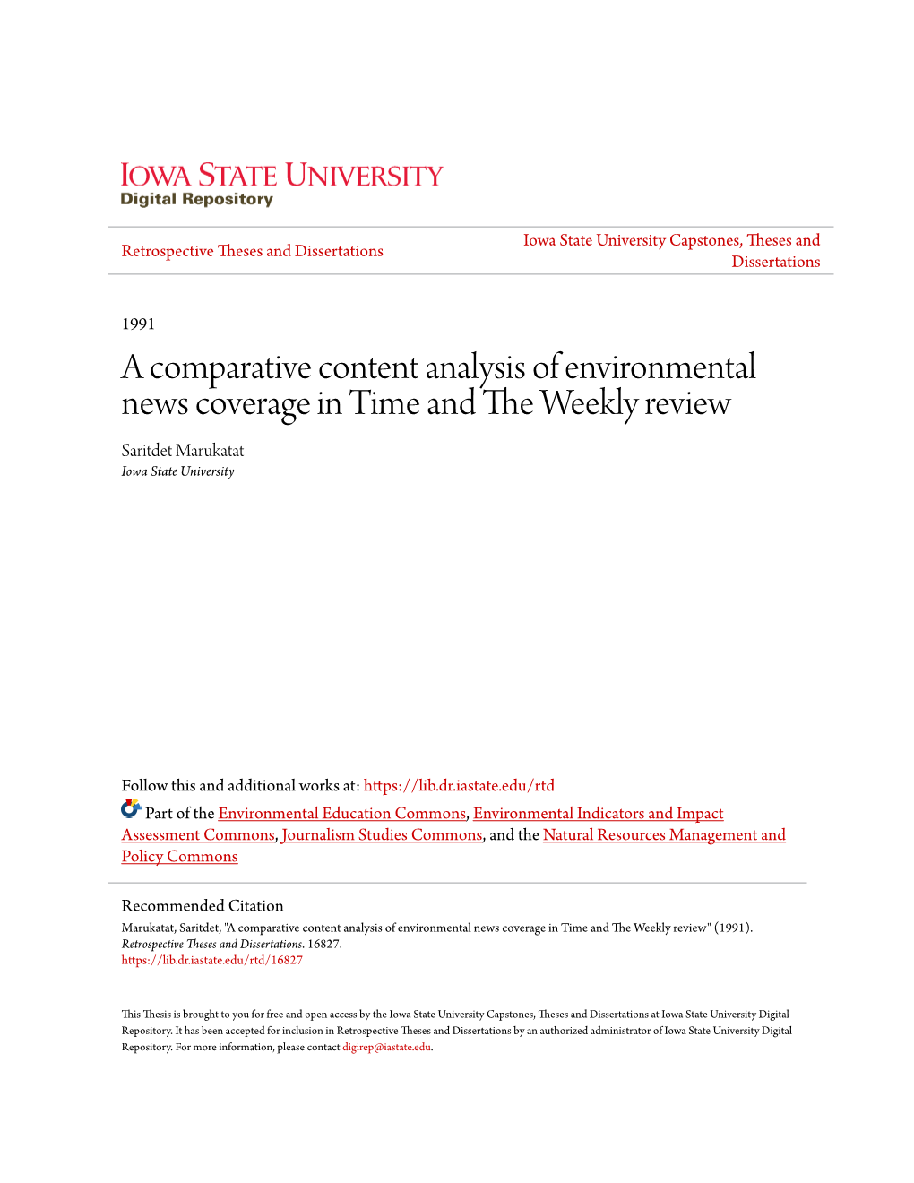 A Comparative Content Analysis of Environmental News Coverage in Time and the Eekw Ly Review Saritdet Marukatat Iowa State University