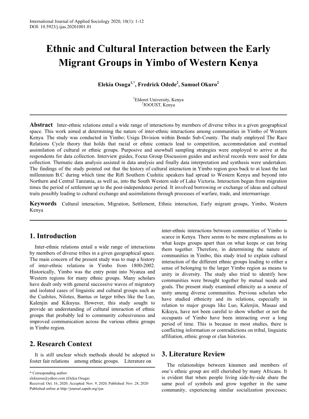 Cultural Interaction, Migration, Settlement, Ethnic Interaction, Early Migrant Groups, Yimbo, Western Kenya