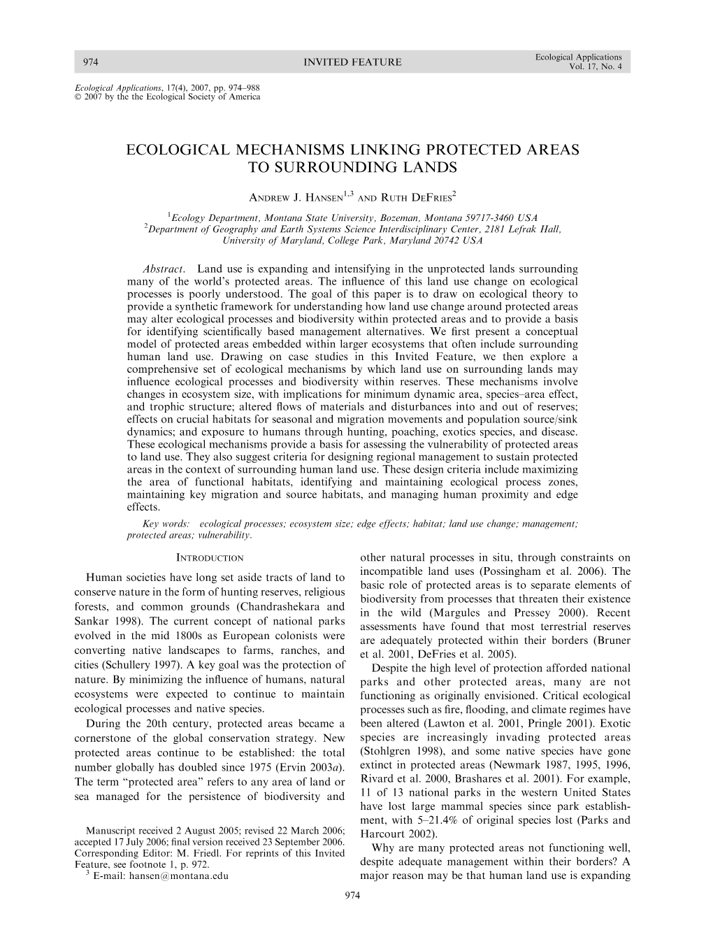 Ecological Mechanisms Linking Protected Areas to Surrounding Lands