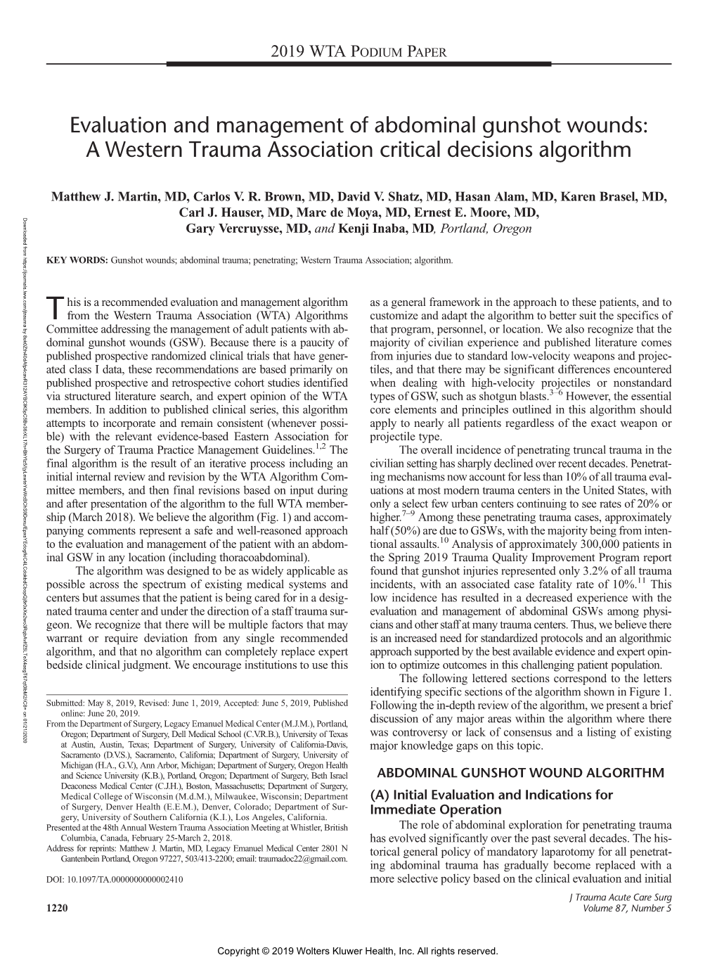 Evaluation and Management of Abdominal Gunshot Wounds: a Western Trauma Association Critical Decisions Algorithm