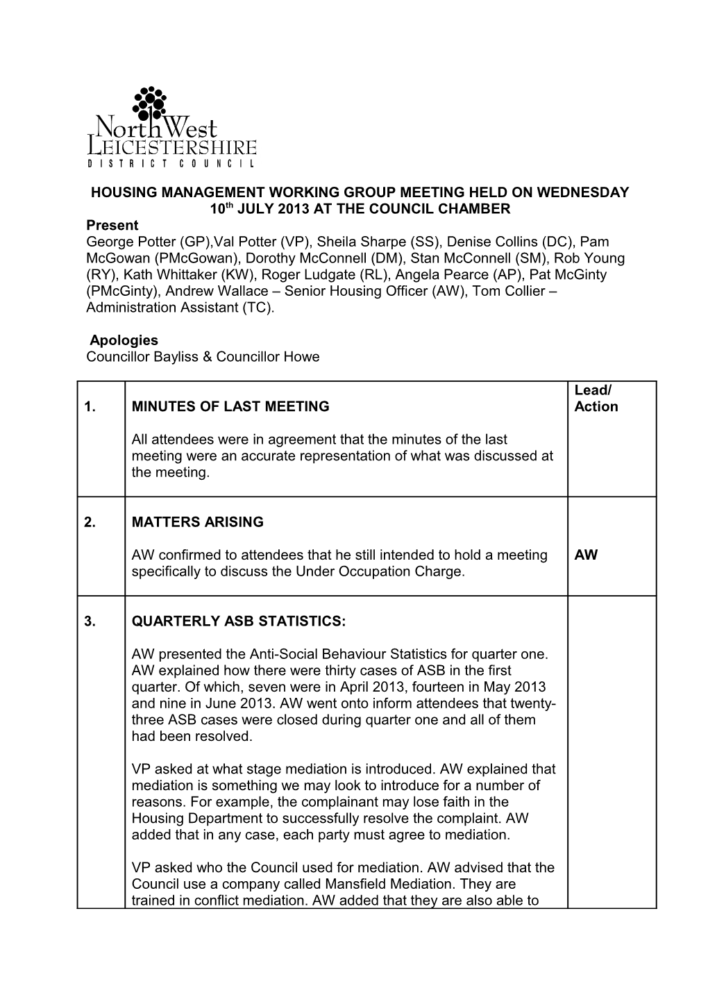 Minutes of the Repairs Working Group