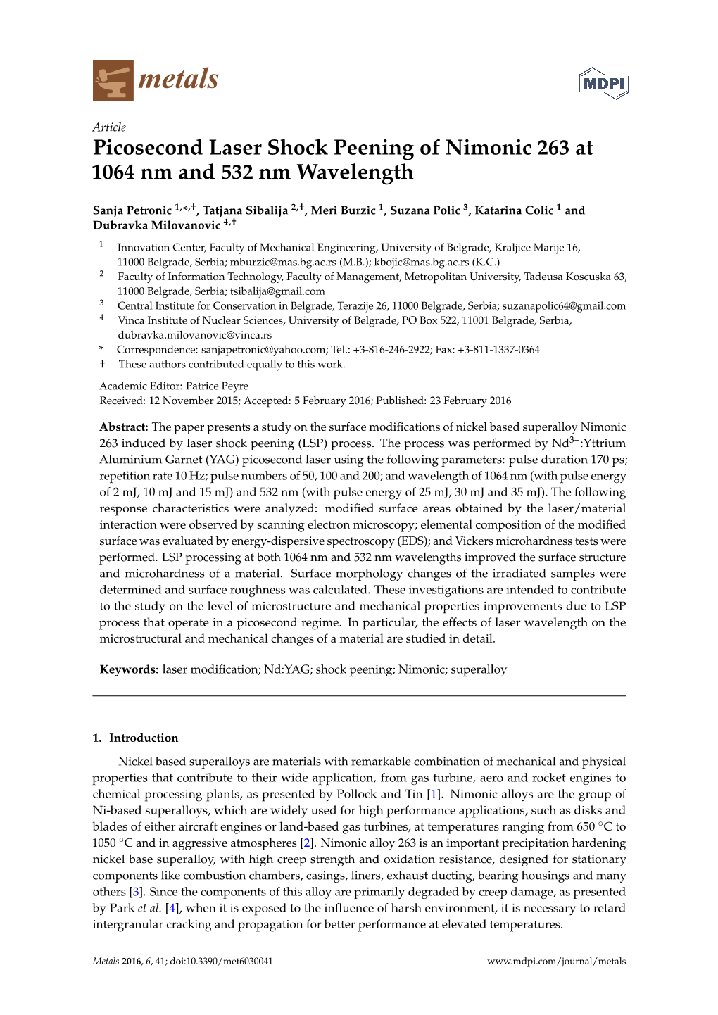 Picosecond Laser Shock Peening of Nimonic 263 at 1064 Nm and 532 Nm Wavelength