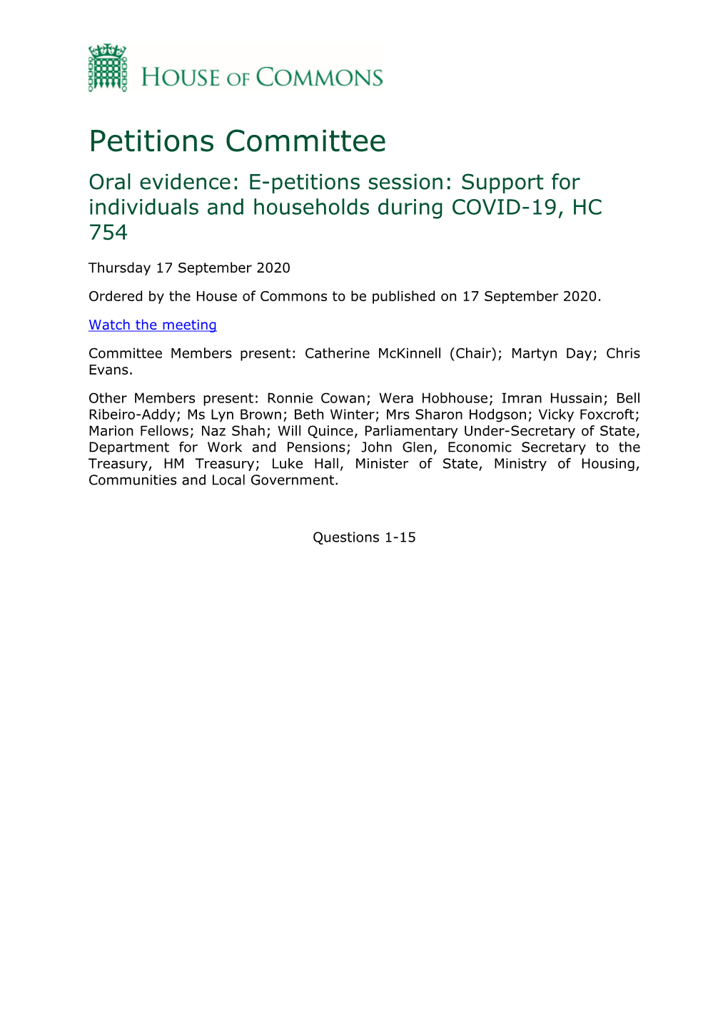 Petitions Committee Oral Evidence: E-Petitions Session: Support for Individuals and Households During COVID-19, HC 754