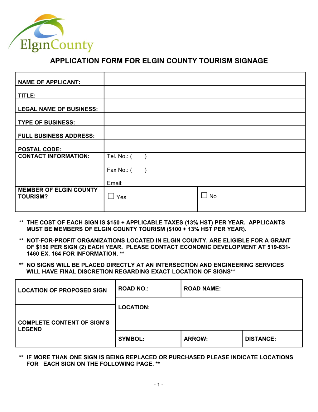 Application Form for Elgin County Tourism Signage