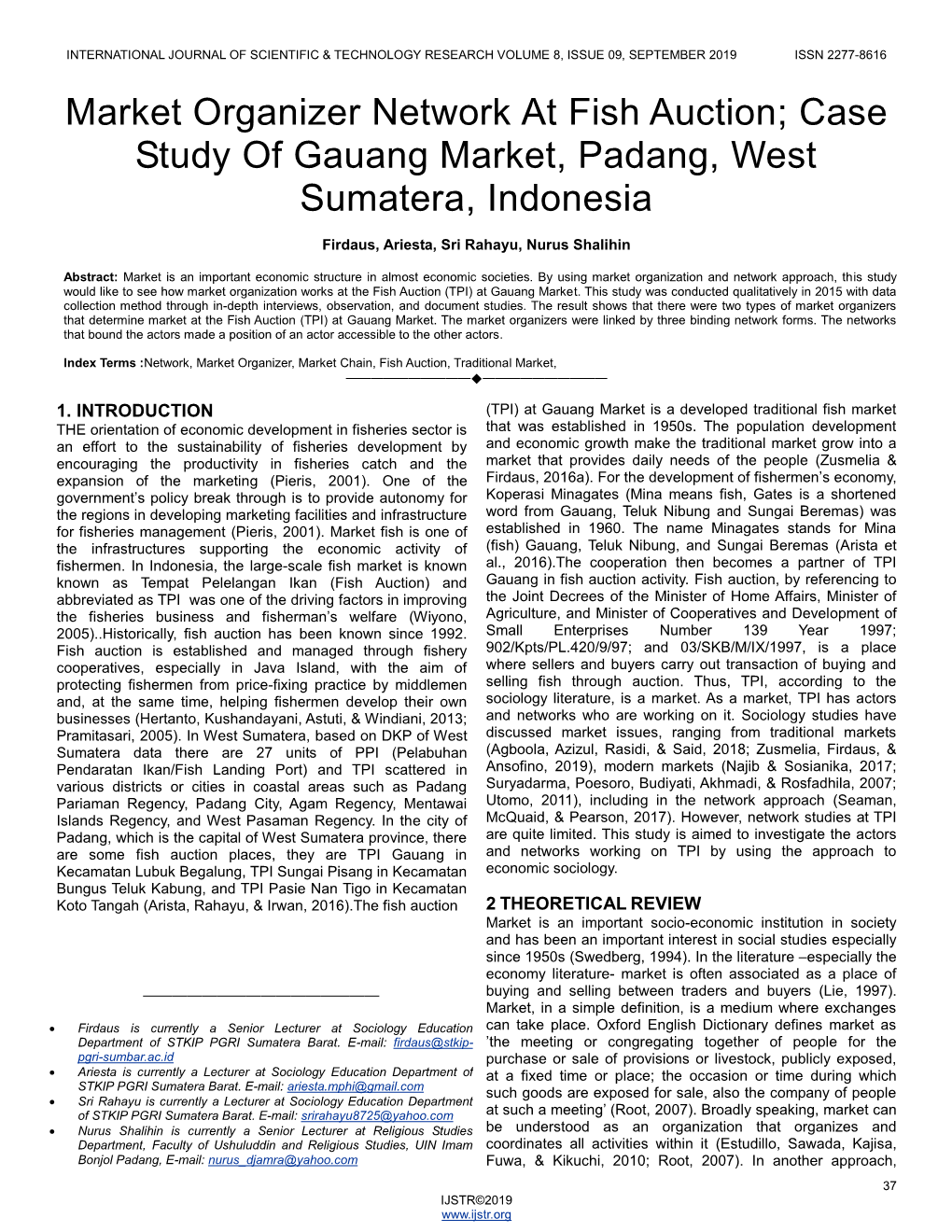 Market Organizer Network at Fish Auction; Case Study of Gauang Market, Padang, West Sumatera, Indonesia