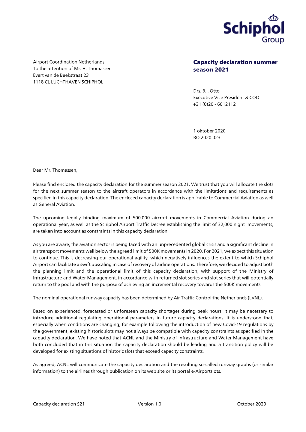 Capacity Declaration Amsterdam Airport Schiphol; Summer 2021