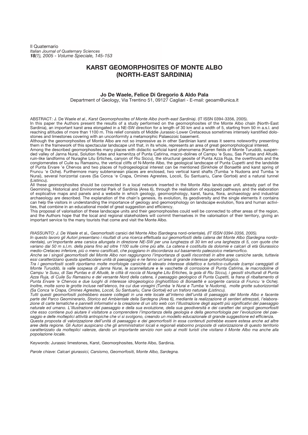 Karst Geomorphosites of Monte Albo (North-East Sardinia)