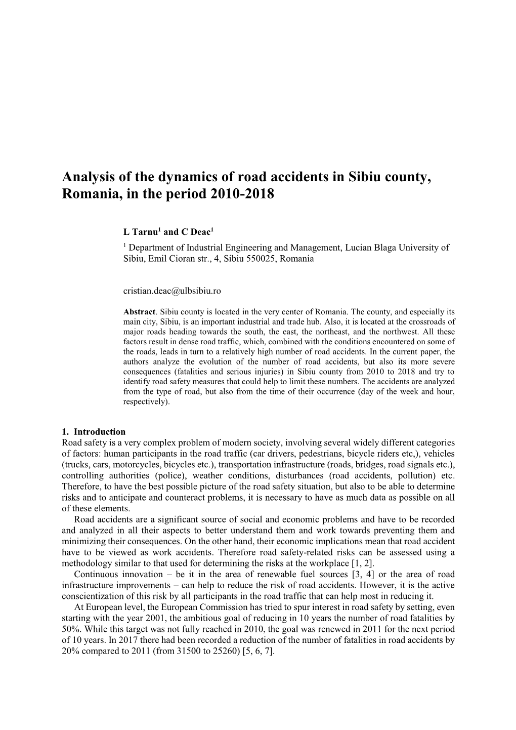 Analysis of the Dynamics of Road Accidents in Sibiu County, Romania, in the Period 2010-2018