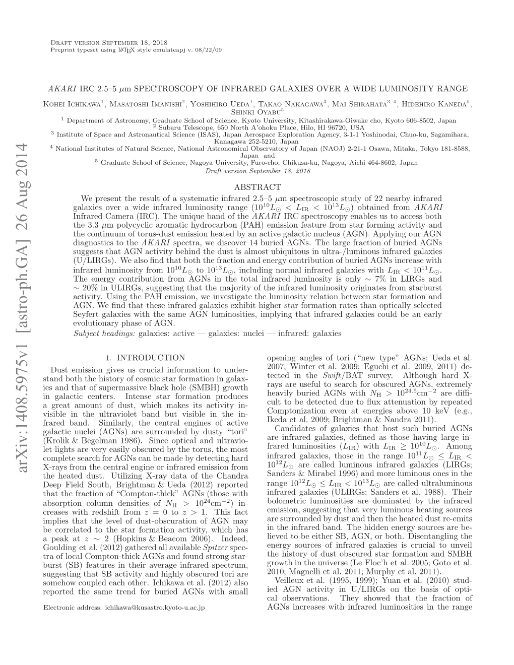 Arxiv:1408.5975V1 [Astro-Ph.GA] 26 Aug 2014 Oe Ichikawa Kohei Olige L 21)Gtee L Available All Has Gathered (2012) Which Al